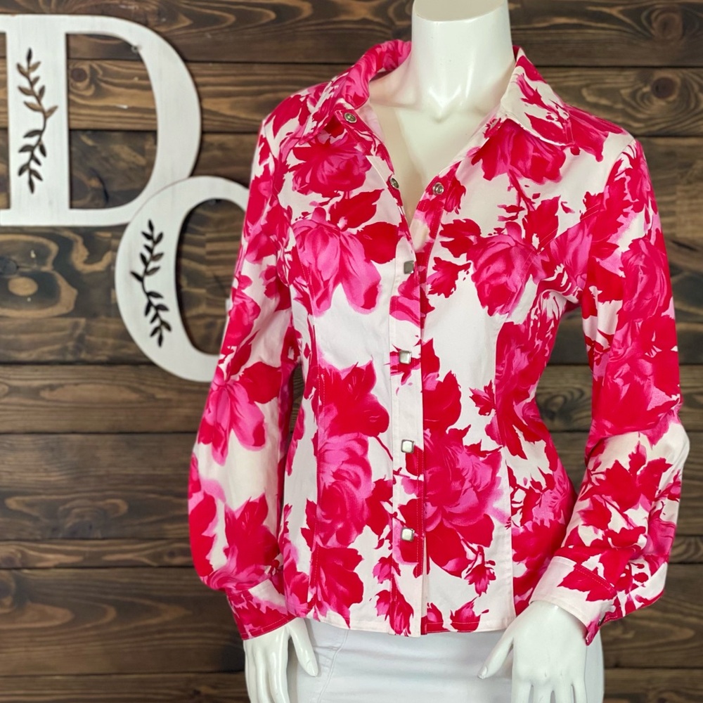 Bianca Nygard | Vibrant Floral Rose Denim Jacket Square Snap‎ Button Down Bright